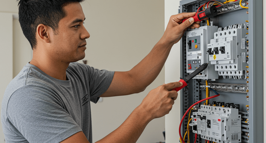 Smiling electrician doing switchboard repairs in Sydney