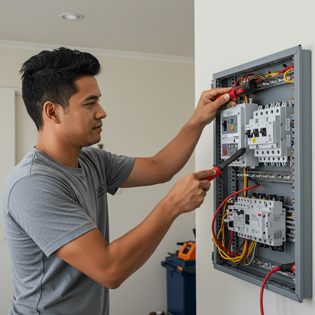 Smiling electrician doing switchboard repairs in Sydney