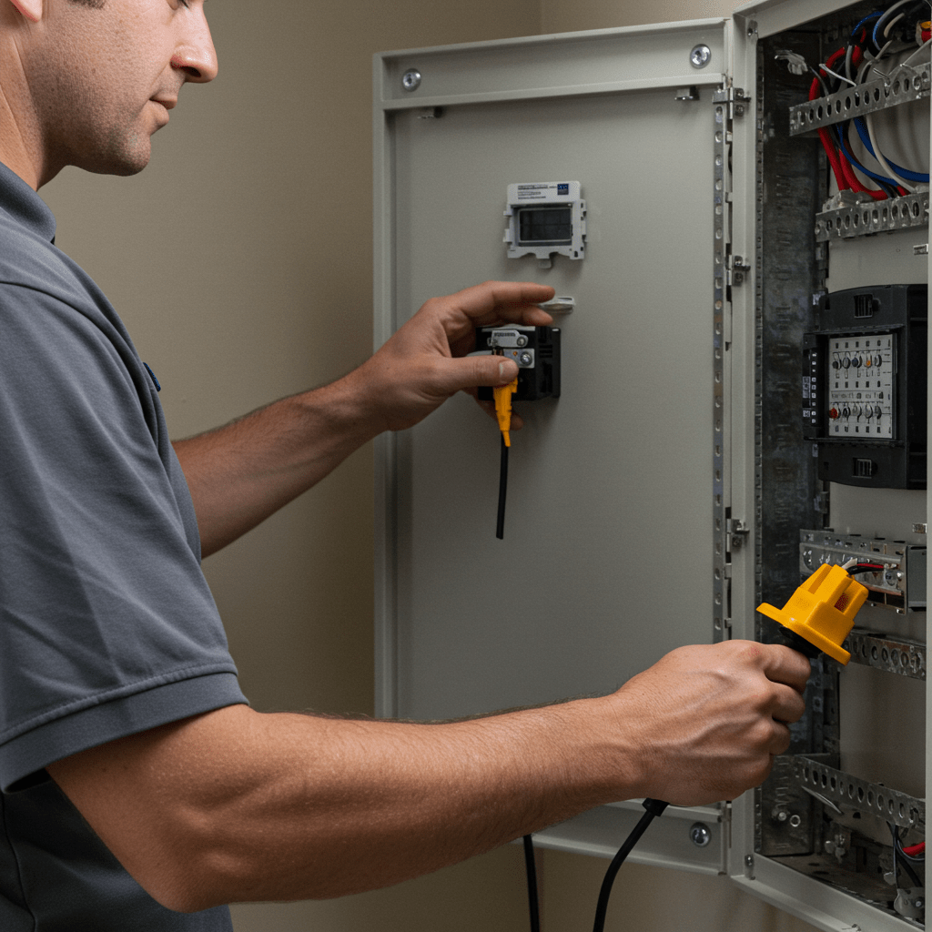 Smiling electrician doing switchboard repairs in Sydney