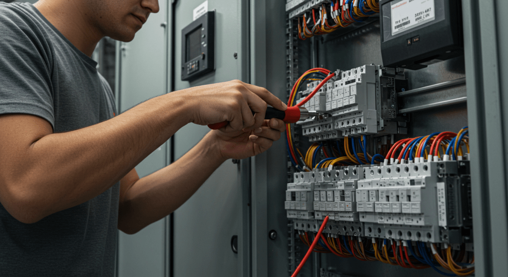 Smiling electrician doing switchboard repairs in Sydney