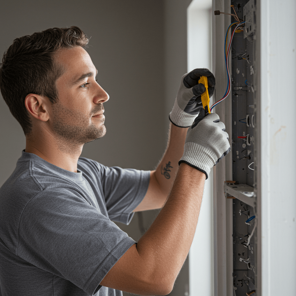Electrician in a grey shirt with orange details installs orange and blue cables in a ceiling outlet.