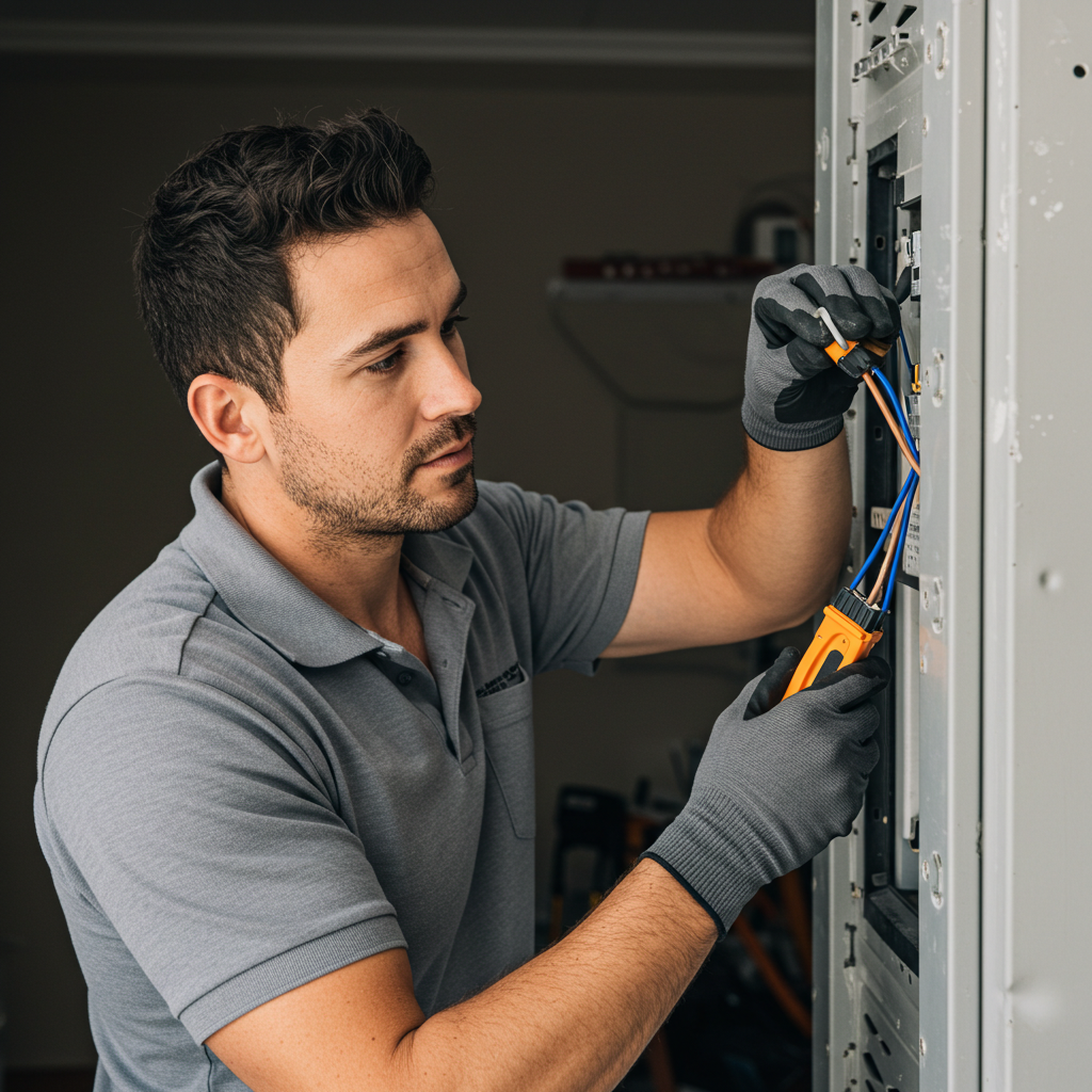 Electrician in a grey shirt with orange details installs orange and blue cables in a ceiling outlet.