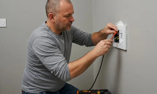 Electrician installing power points and electrical fittings indoors