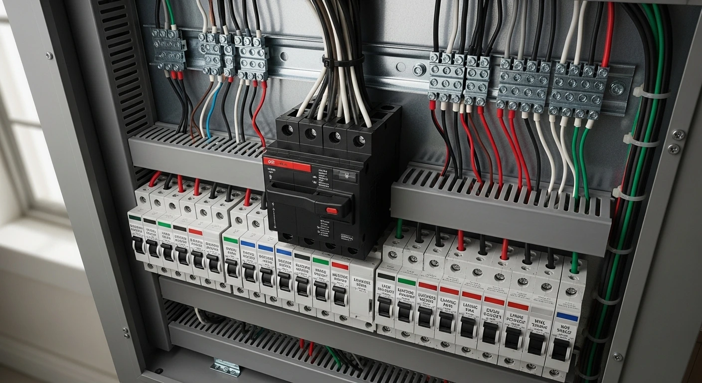 Home Electrical Panel 101: Inside the Main Switchboard Prompt: Close-up, high-resolution photorealistic image of the interior of a main switchboard in a modern home. Include components like the main breaker, labels, wires, and mounting panels. Well-lit, realistic indoor setting, indoor lighting casting subtle shadows for depth, ideal for instructional or DIY homeowner content