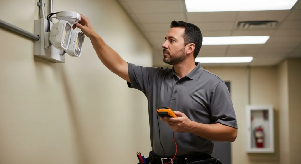 electrician inspecting emergency light