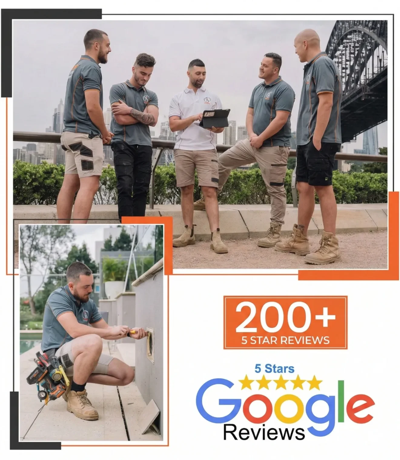Electricians from Olympic Electrical working and discussing near Sydney Harbour Bridge, showcasing 100+ 5-star Google reviews for top-rated electrician services