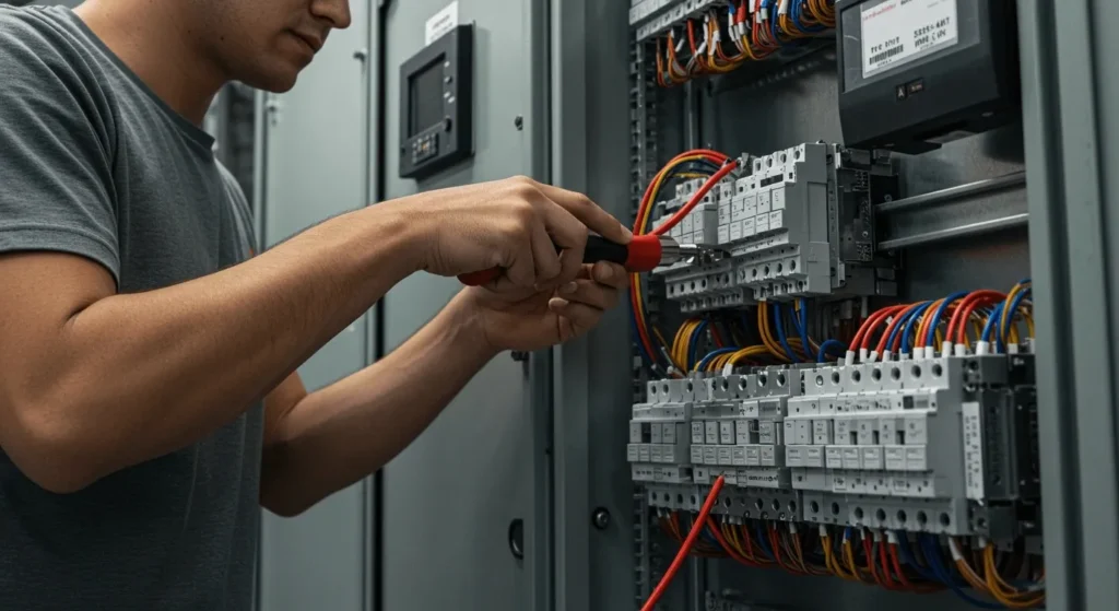 Smiling electrician doing switchboard repairs in Sydney