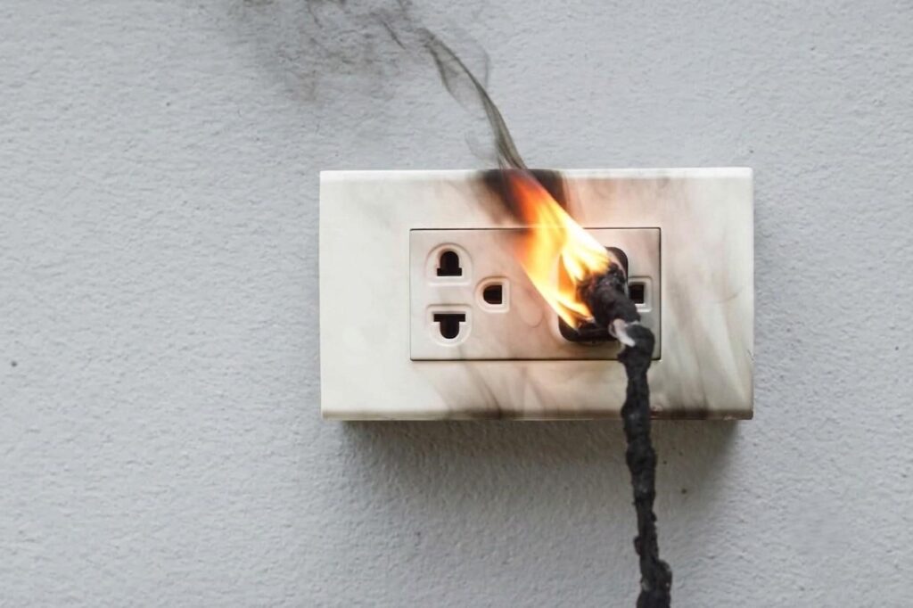 Burnt electrical socket fire hazard warning
