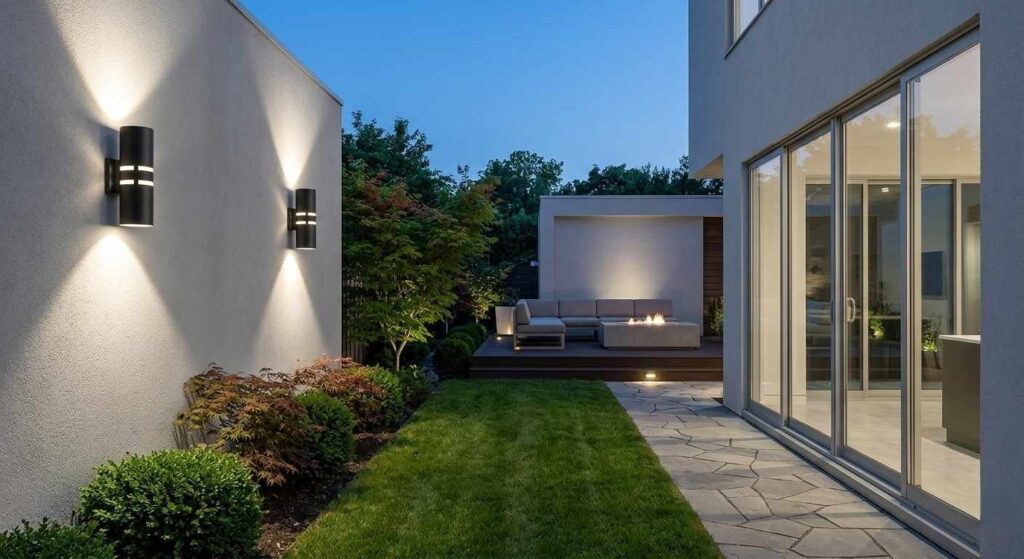 Exterior wall lights on contemporary building